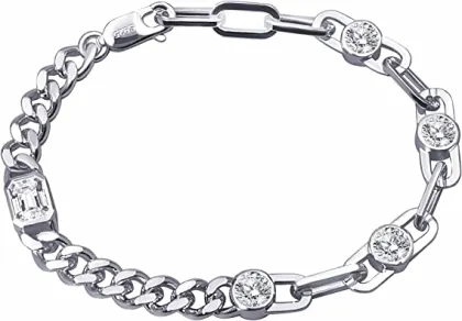 Moissanite Silver Bracelets for Women I 3Ctw DF VVS Emerald Cut Moissanite Diamonds I 18K White Gold Plated 6mm Cuban Link Chain Charm Bracelet I 6.5-7.5 Inch