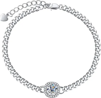 AnuClub Moissanite Cuban Bracelet,1ct D Color Lab Created Diamond 925 Sterling Silver Adjustable Bracelet With GRA Certificate